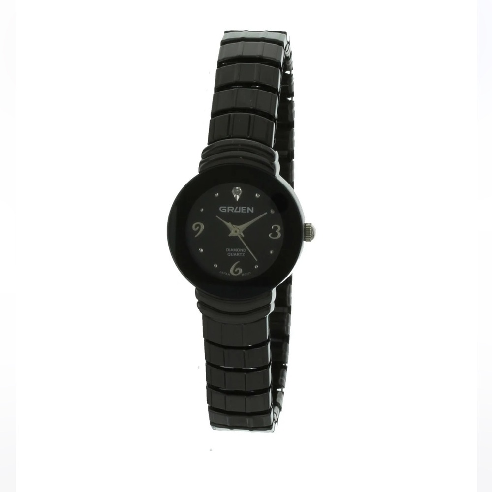 Vintage GRUEN Dimond Ladies Watch Black Tone Stretch Band in original box GU5015